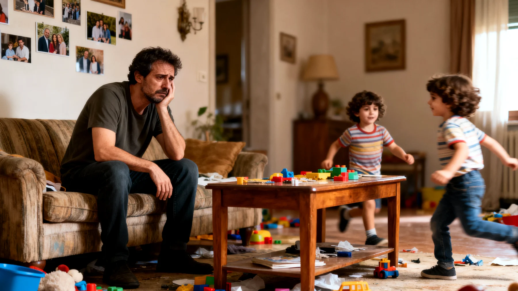 Un papà che fatica a stabilire regole chiare e coerenti con i suoi bambini per paura di deluderli o di perdere il loro affetto, creando confusione educativa e comportamenti capricciosi"