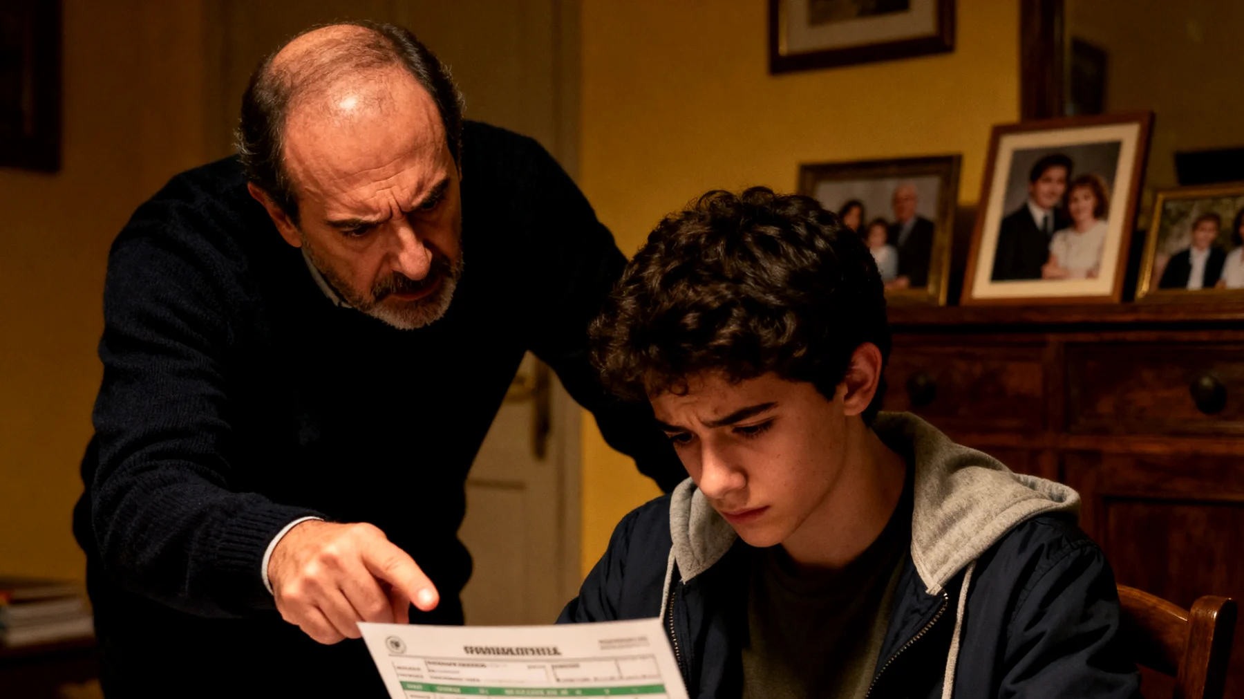 Papà che esercita pressioni eccessive sugli adolescenti riguardo a performance scolastiche, sportive o aspettative future, creando tensione e potenzialmente danneggiando l'autostima e il rapporto padre-figli"